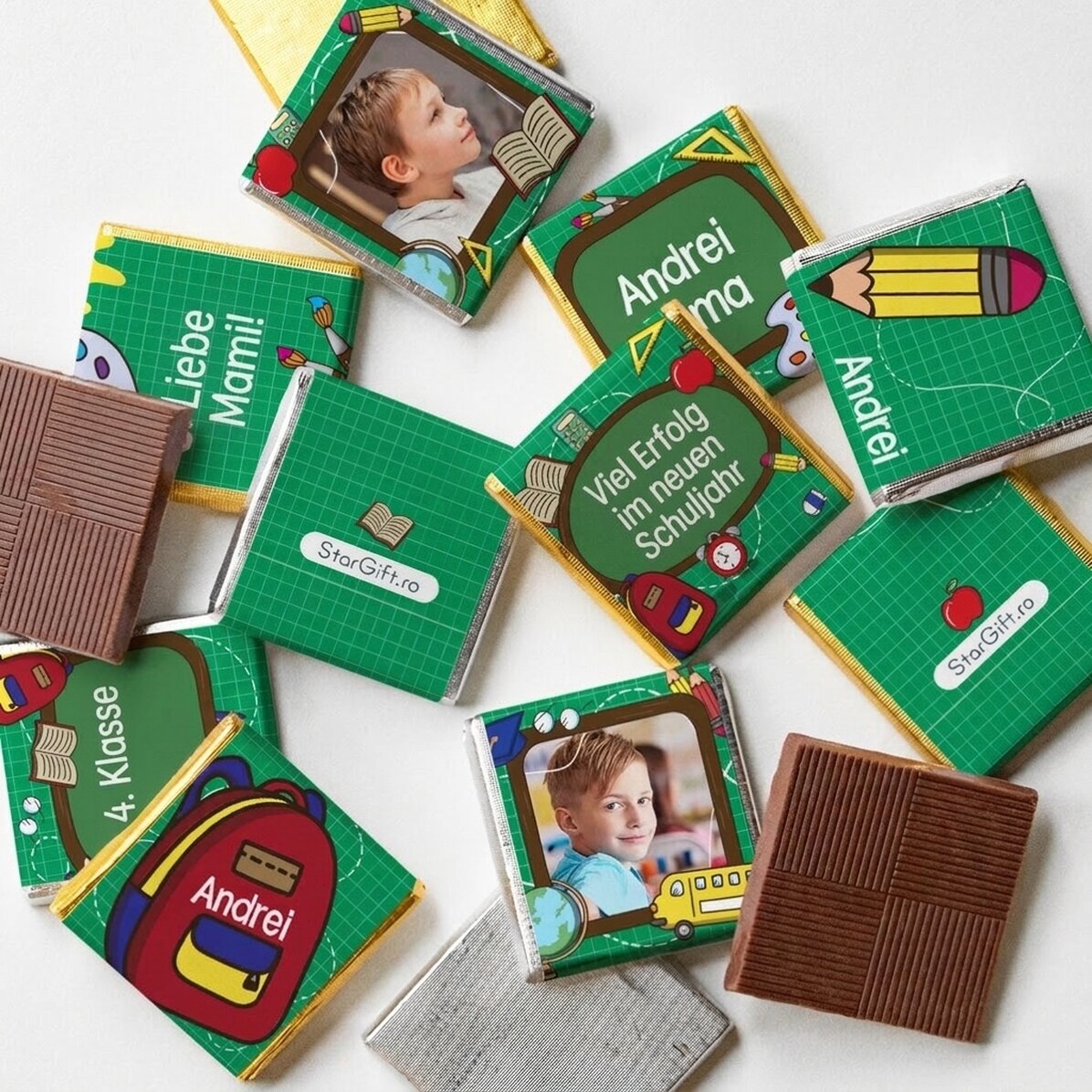 Set mit 10 personalisierten Mini-Pralinen mit Fotos und Text zum Schuljahresbeginn