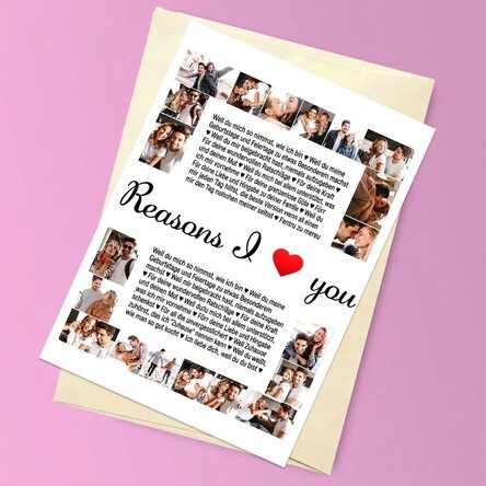 Personalisierte Magnetkarte mit 20 Fotos und Text – Gründe, warum ich dich liebe