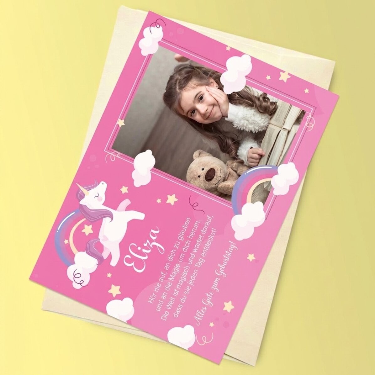Personalisierte Magnetkarte mit Foto und Grußtext für Kinder – Einhorn