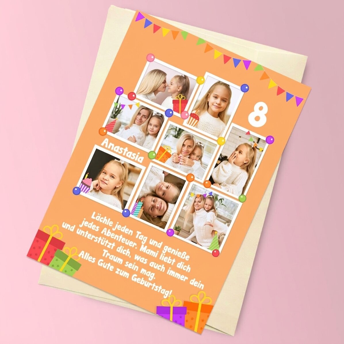 Personalisierte Magnetkarte mit 8 Fotos und einer Botschaft für Kinder – Geburtstag