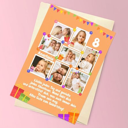 Personalisierte Magnetkarte mit 8 Fotos und einer Botschaft für Kinder – Geburtstag