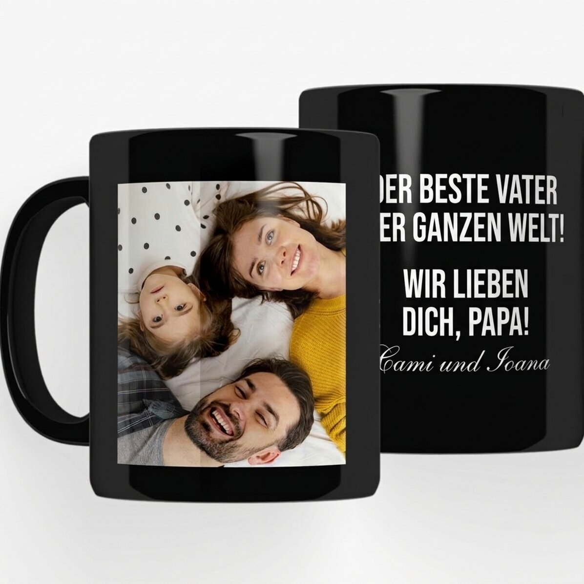 Personalisierte schwarze Tasse mit einem Foto und einer Botschaft