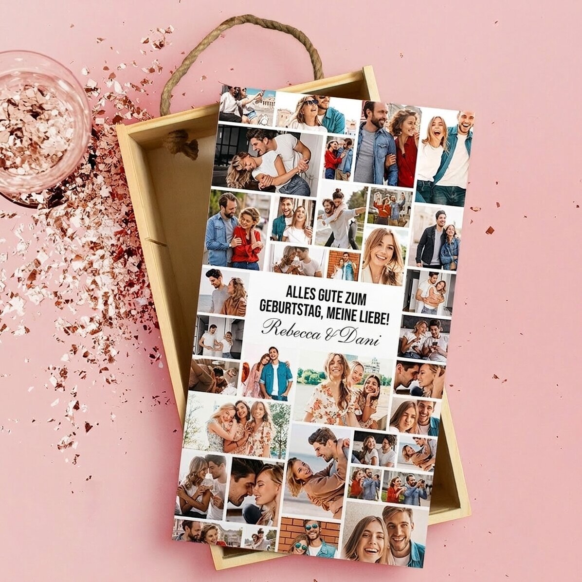 Personalisierte Geschenkbox aus Holz mit 35 Fotos und Text