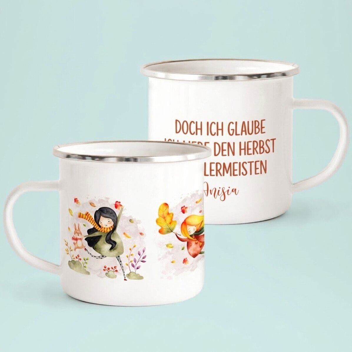 Emaillierter Metallbecher mit Aufdruck – „I love fall most of all“