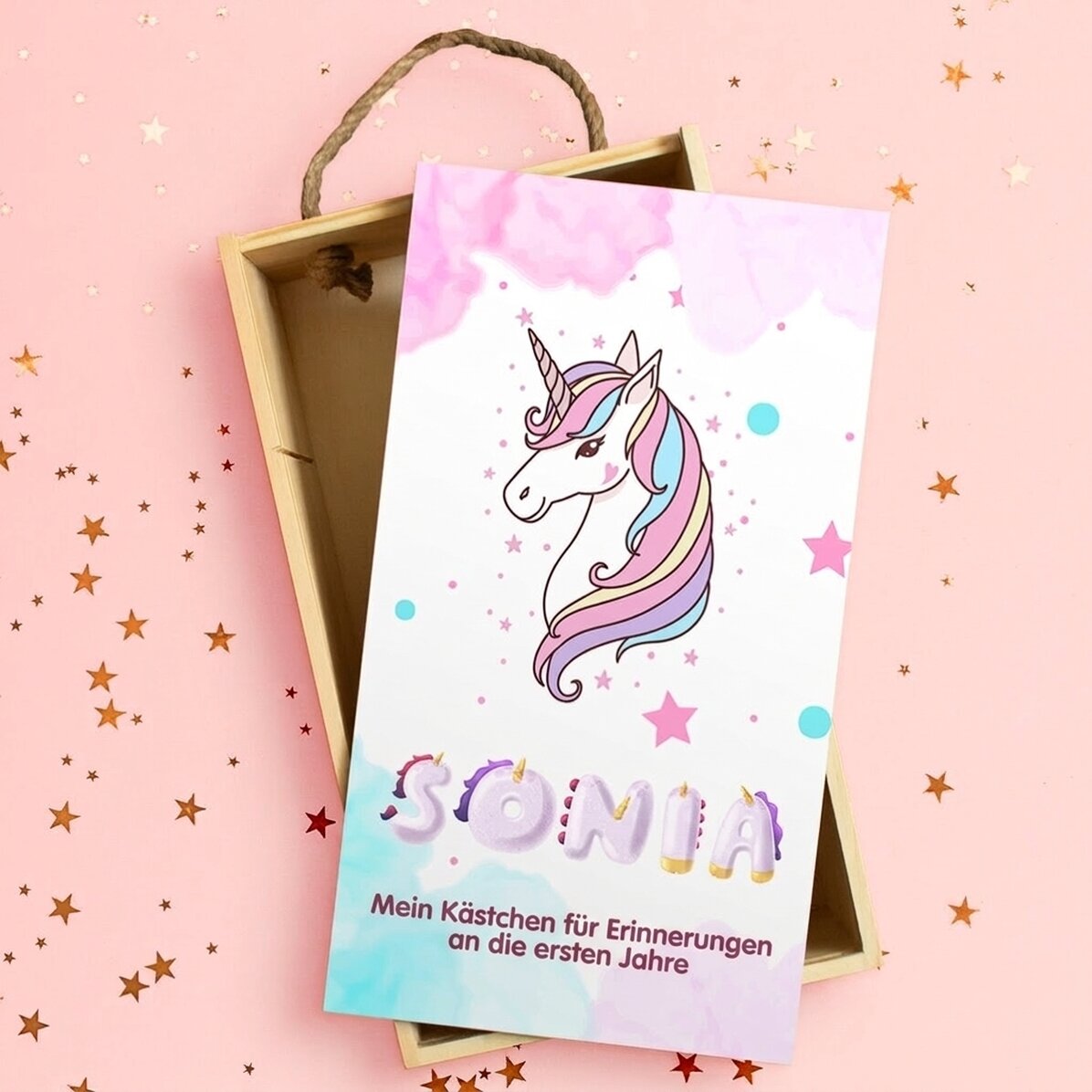 Personalisierte Geschenkbox aus Holz mit Botschaft – Ein ganz besonderes Einhorn