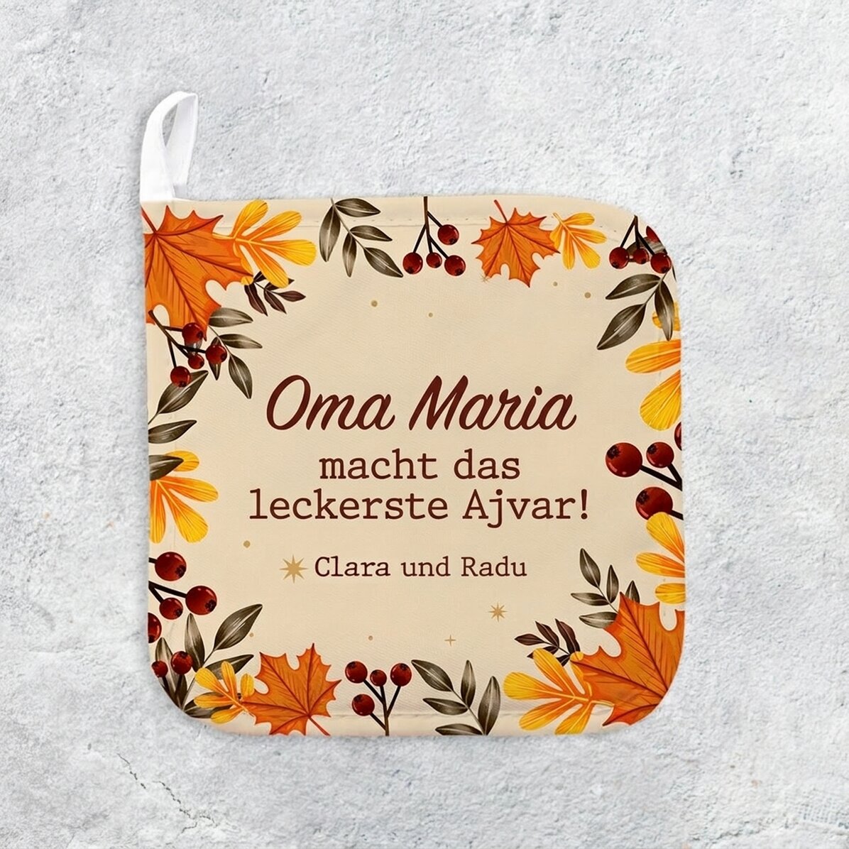 Individuell gestalteter Untersetzer für heiße Töpfe mit Text – Herbstblätter