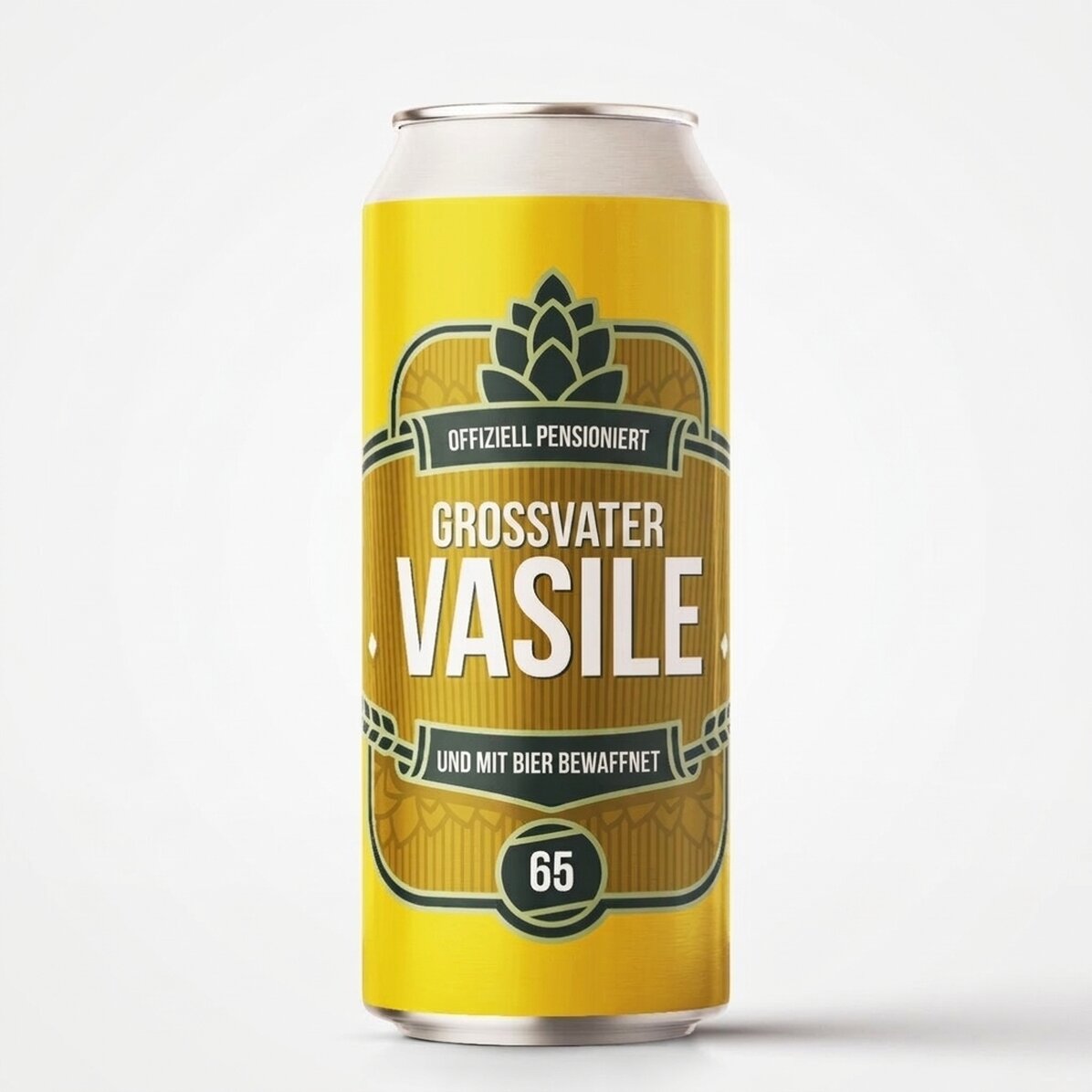 Bier in einer individuell gestalteten Dose mit Text – Modell „Ruhestand“