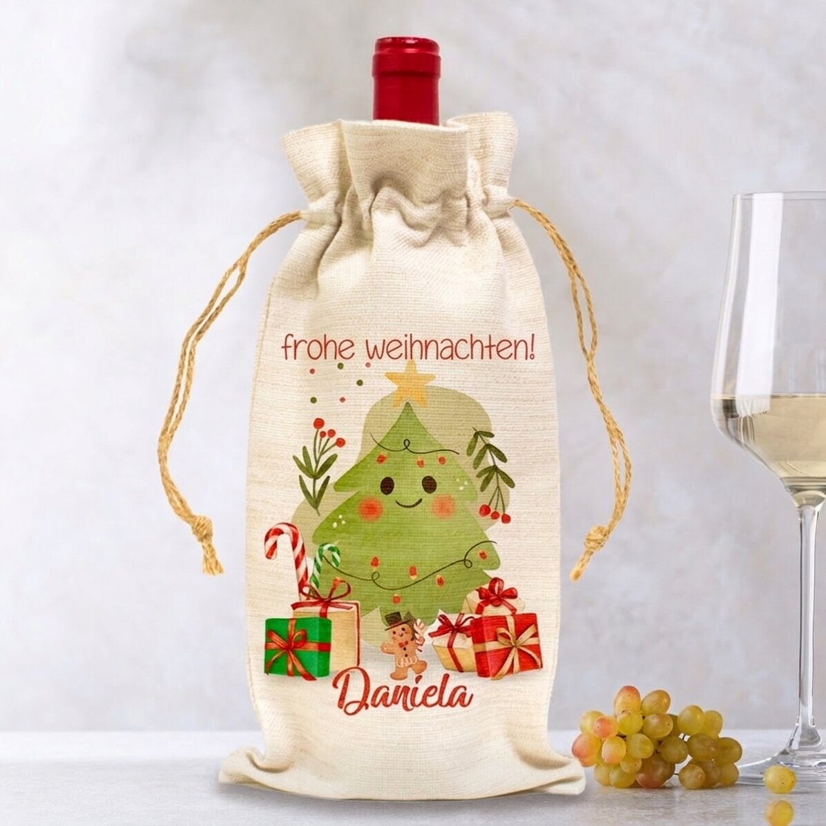 Personalisierte Tasche für eine Weinflasche – Weihnachtsmotiv
