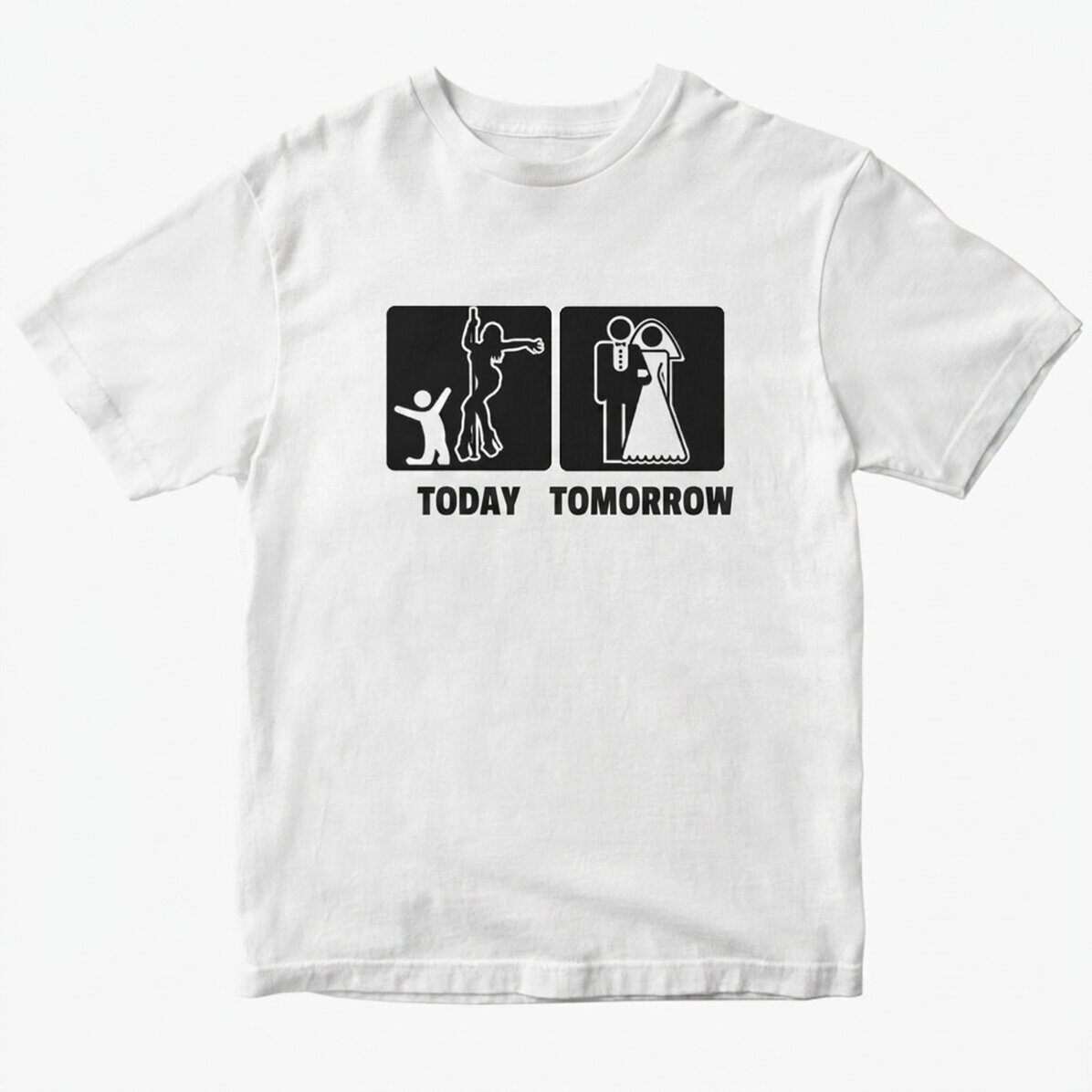 Personalisiertes Baumwoll-T-Shirt mit Aufdruck für den Junggesellenabschied – Heute, morgen