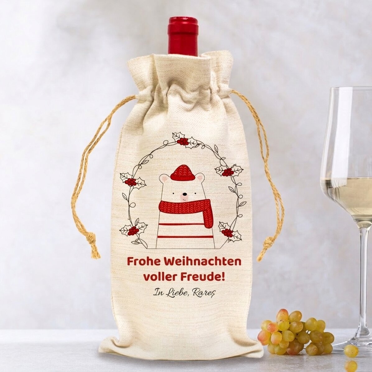 Personalisierte Tasche für die Weinflasche – Modell „Weihnachtsbärchen“