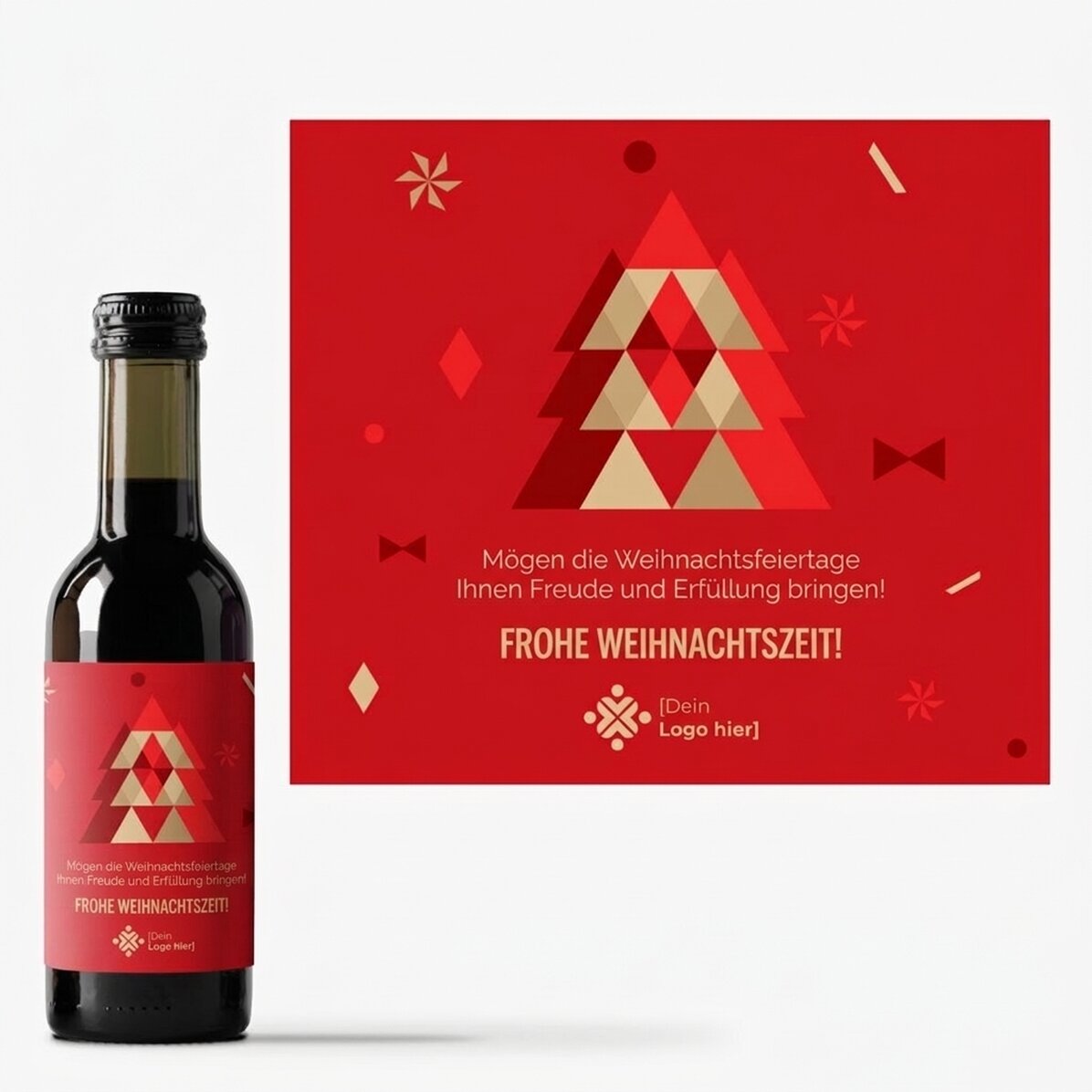 Kleine, individuell gestaltete Weinflasche mit Logo und Text zu Weihnachten