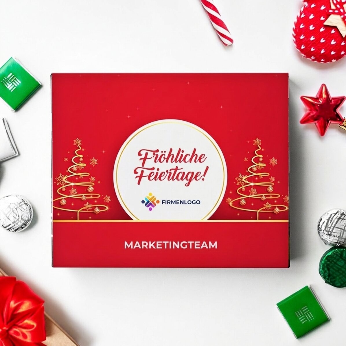 Personalisierte Pralinenschachtel mit Logo und Grußtext – Frohe Feiertage