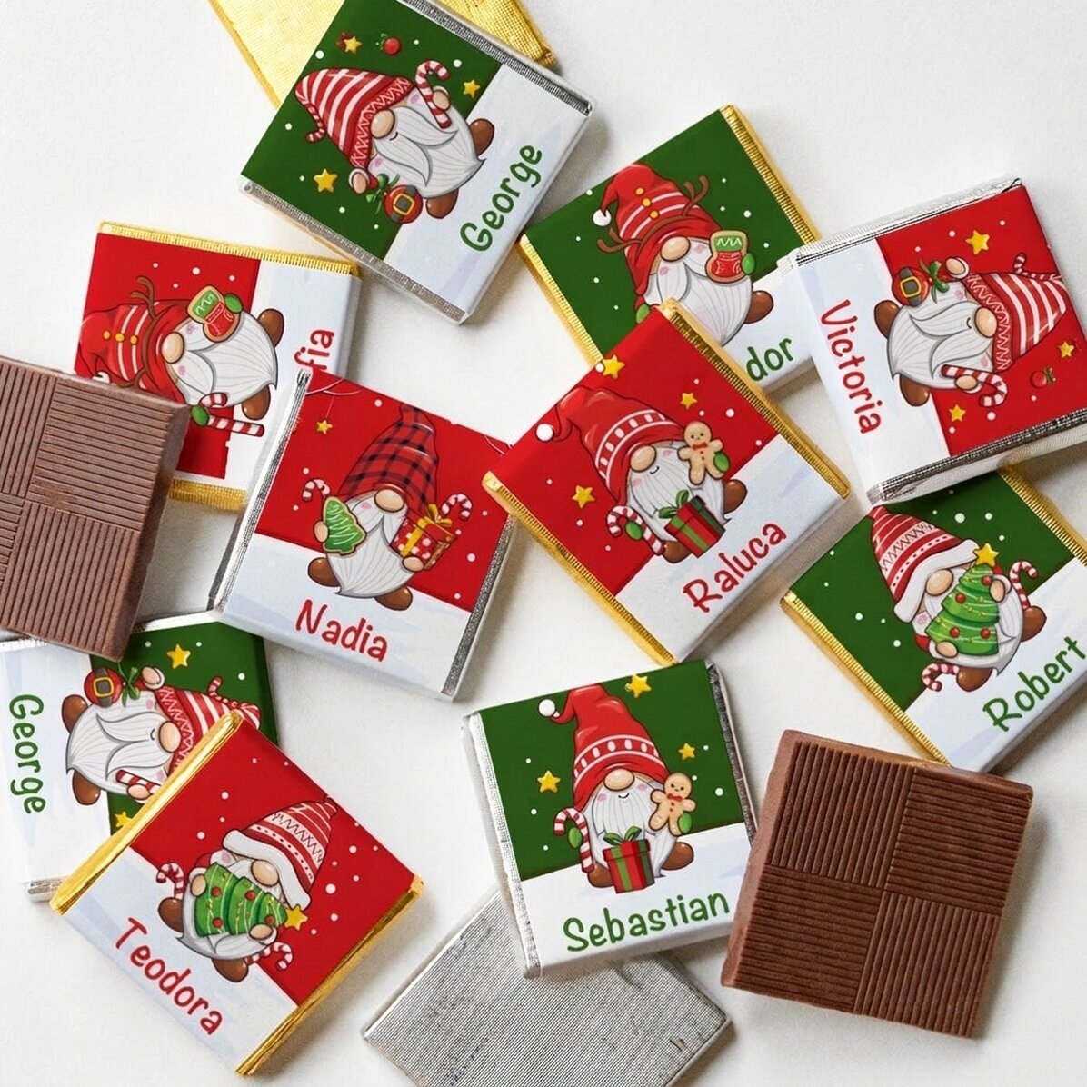10er-Set personalisierte Mini-Pralinen mit Namen – Weihnachtszwerge