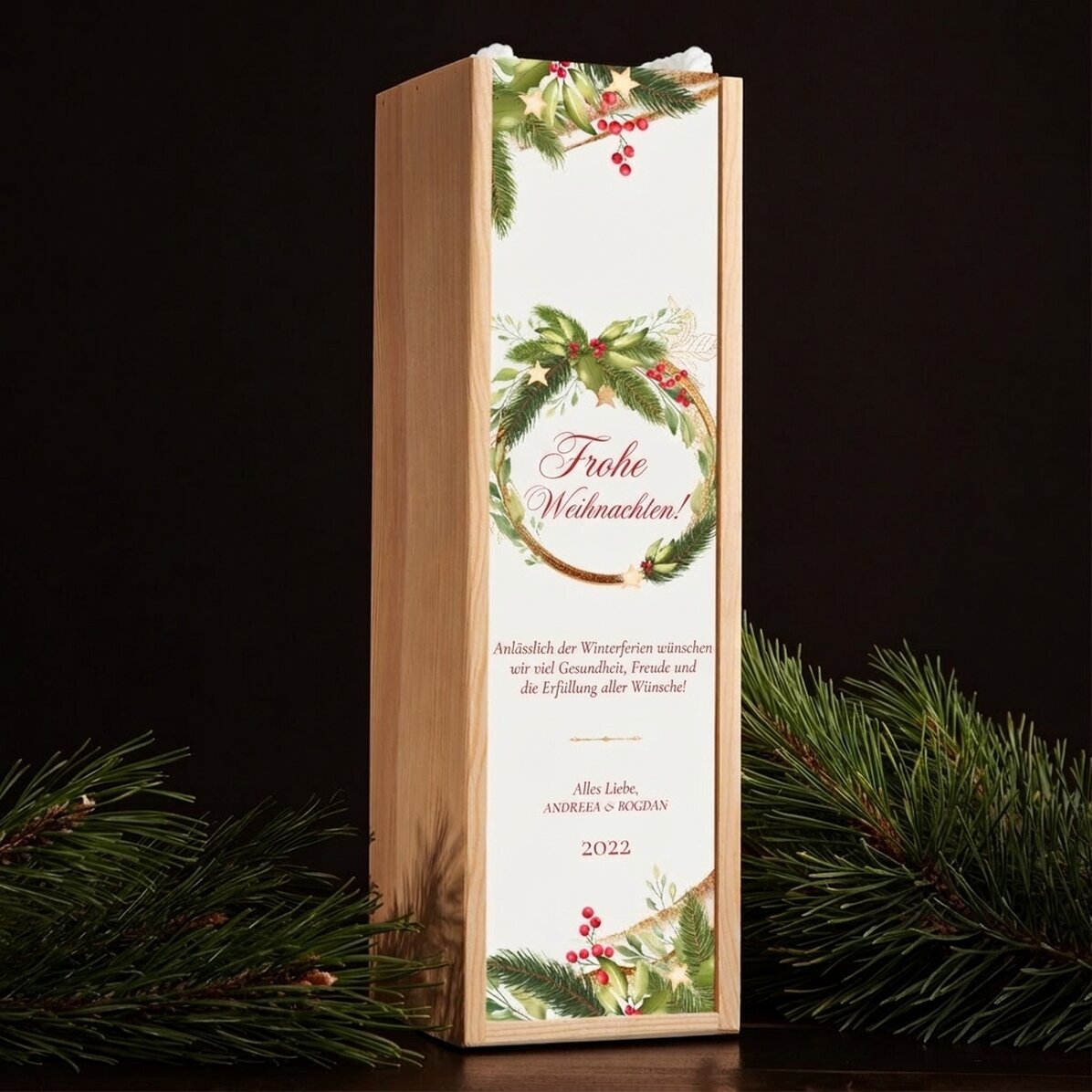 Personalisierte Weinkiste mit Weihnachtstext – Frohe Weihnachten!