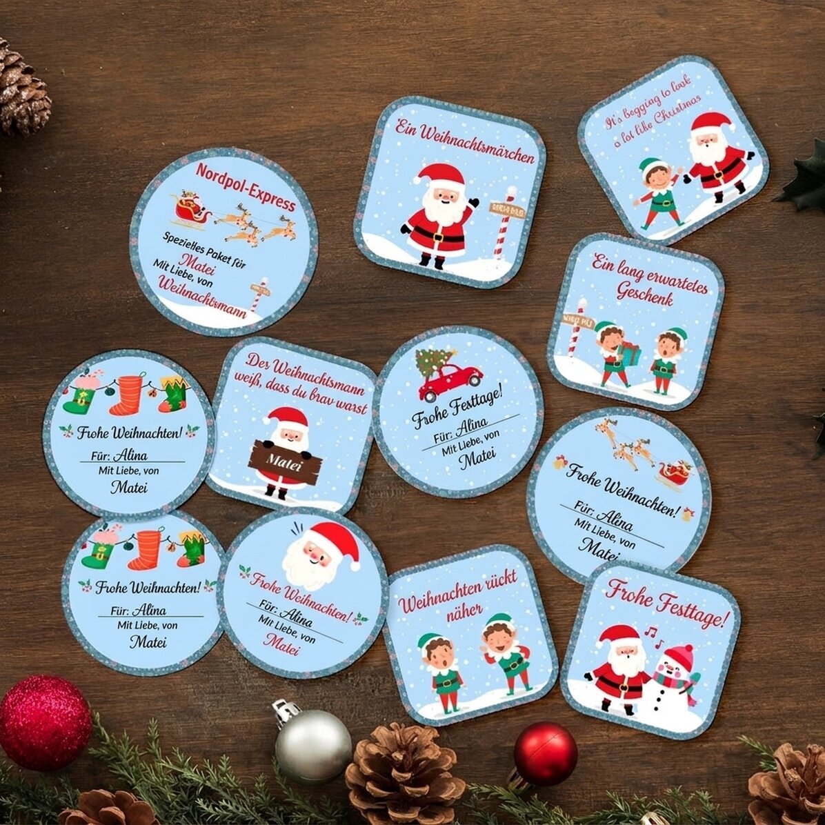 Set mit 12 personalisierten Aufklebern (selbstklebende Etiketten) – Festtagsstimmung