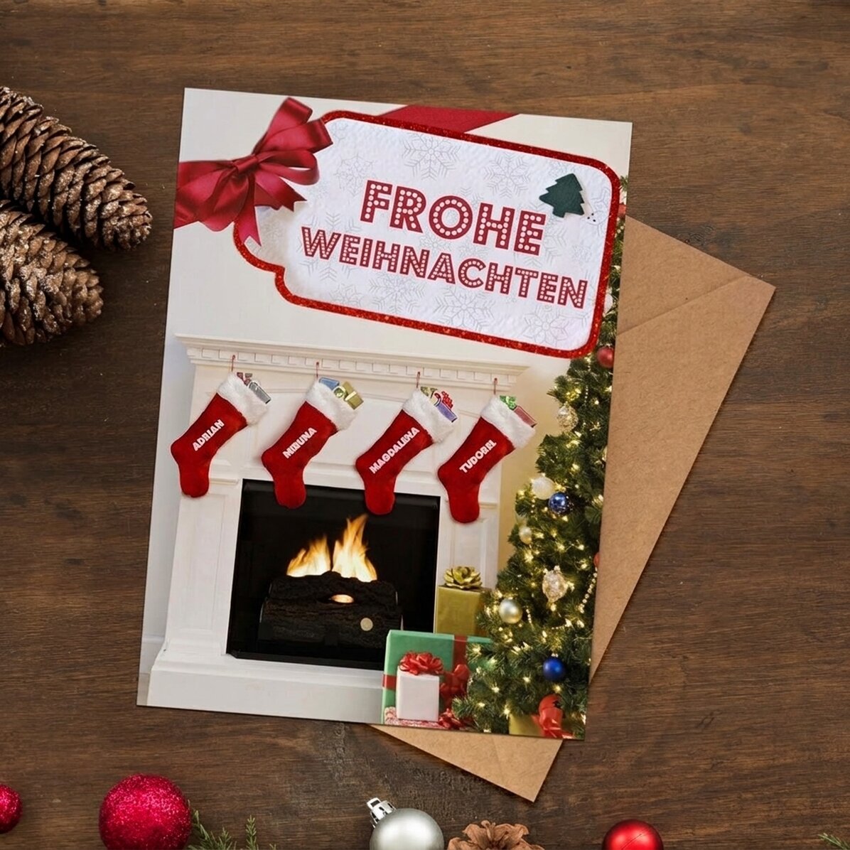 Personalisierte Magnetkarte mit Weihnachtstext – Socken am Kamin