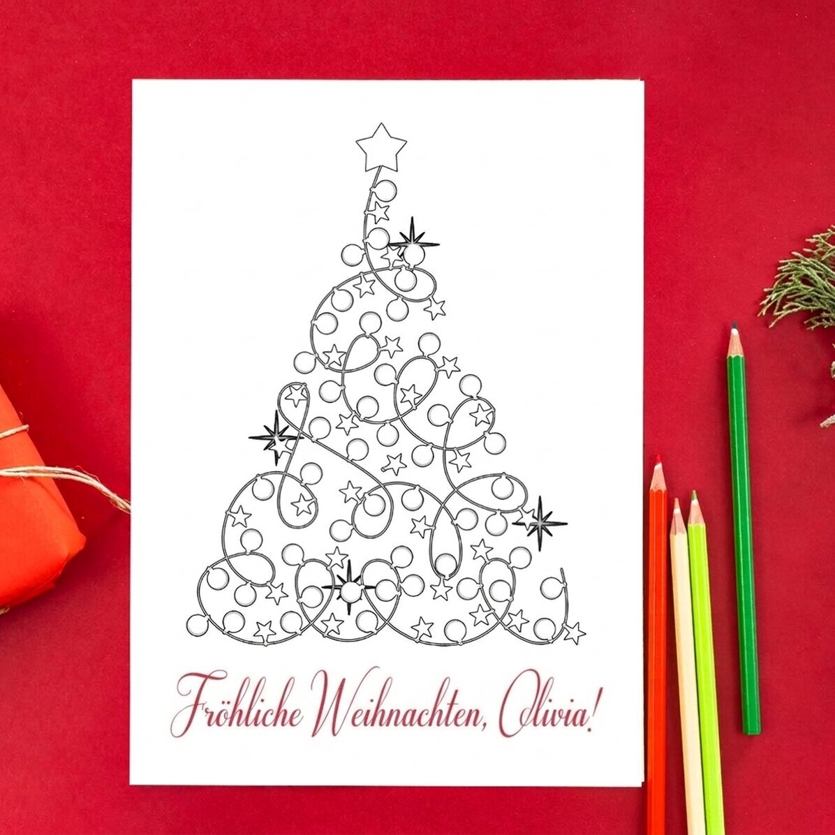 Individuell gestaltete Weihnachtskarte zum Ausmalen mit Weihnachtsgruß