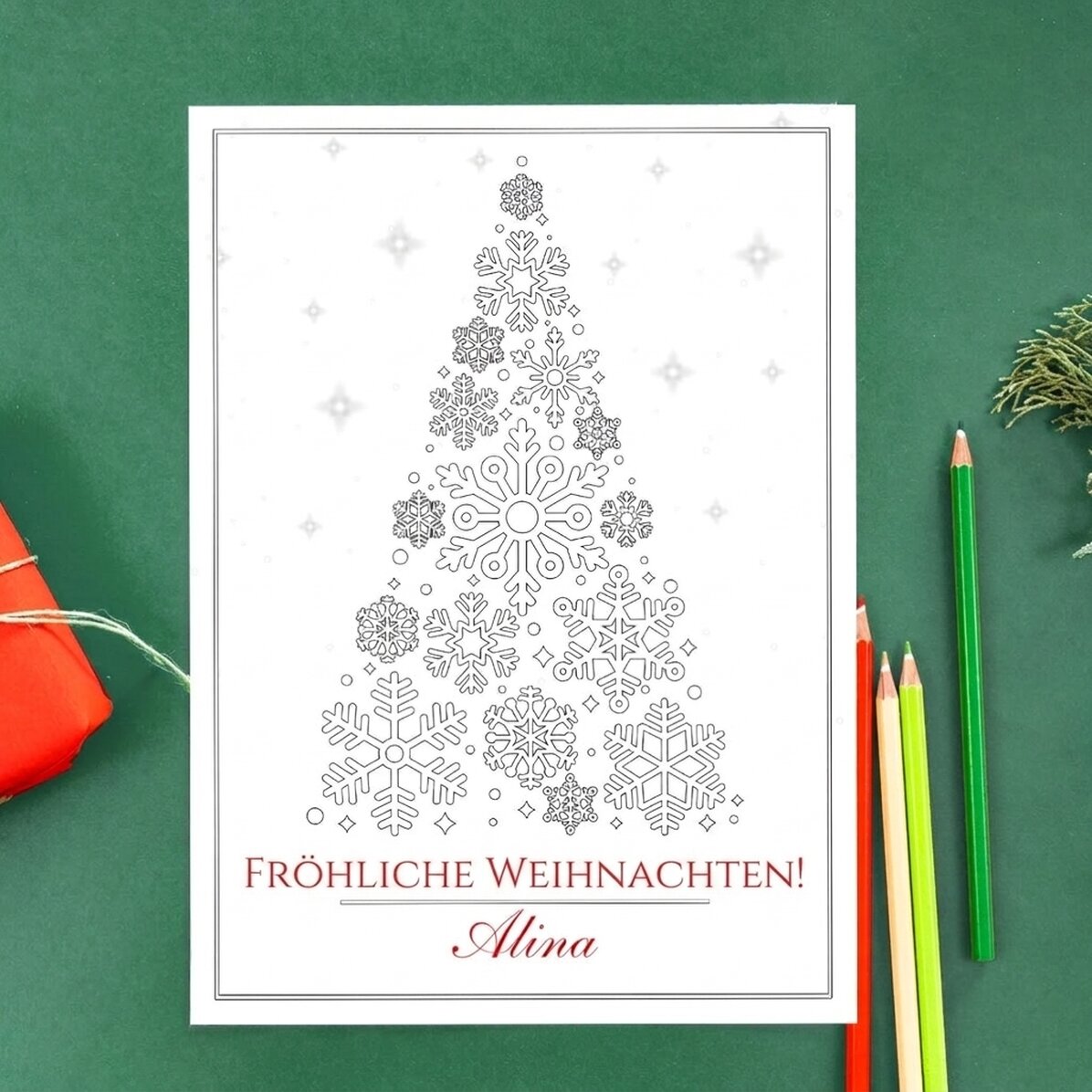 Individuell gestaltete Malvorlage mit Grußtext – Weihnachtsbaum