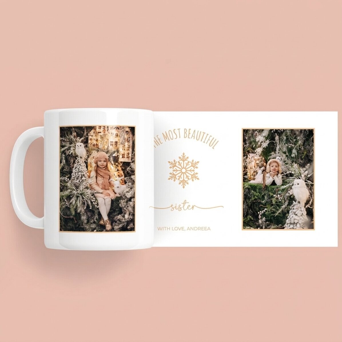 Personalisierte Tasse mit 2 Fotos und Text – Snowflake