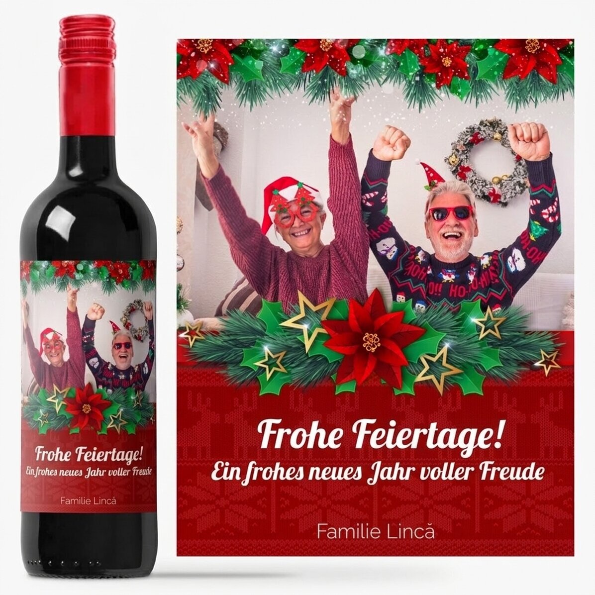 Personalisierter Wein mit einem Foto und einer Festtagsbotschaft für die Großeltern