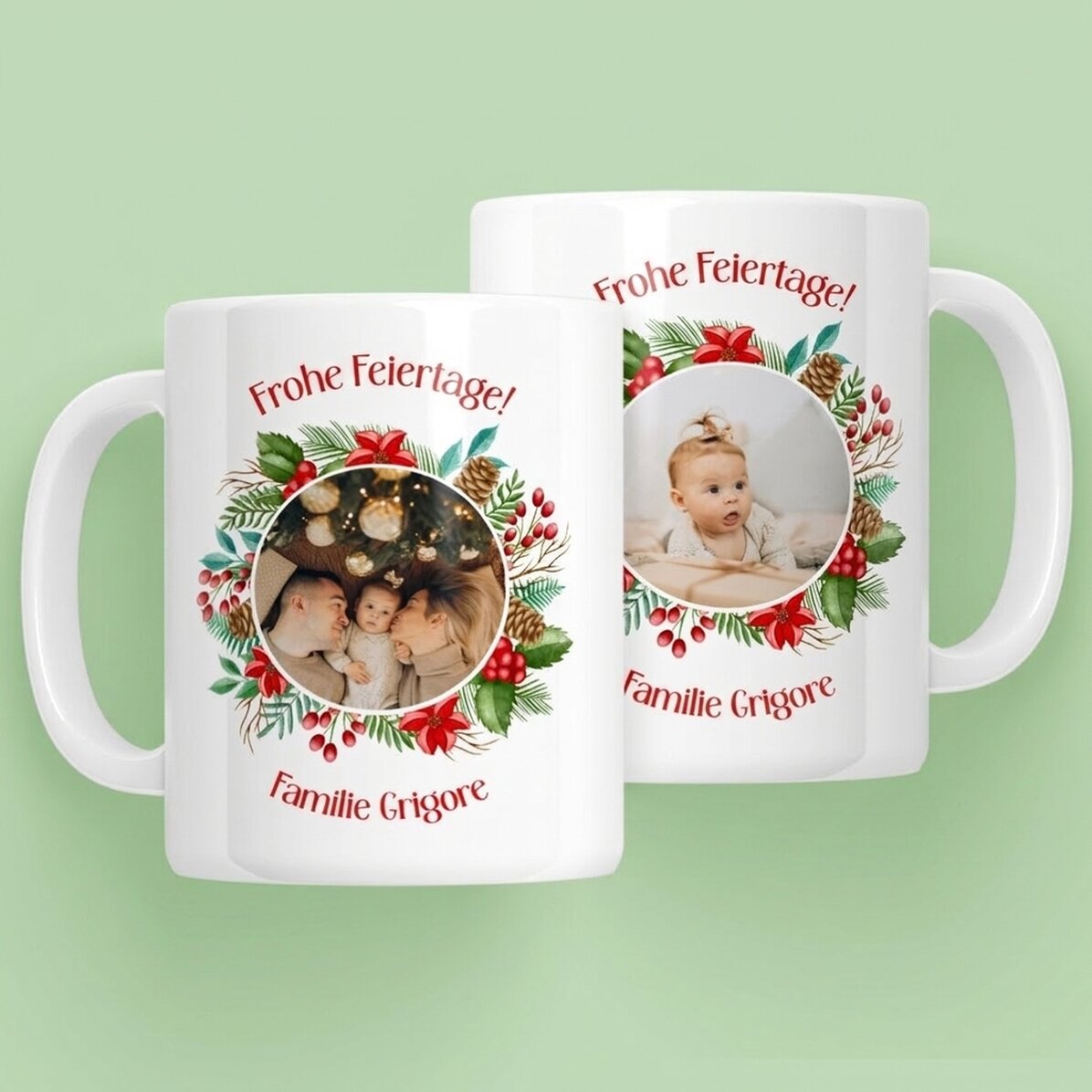 Personalisierte Tasse mit 2 Fotos und einer Botschaft – Frohe Feiertage!
