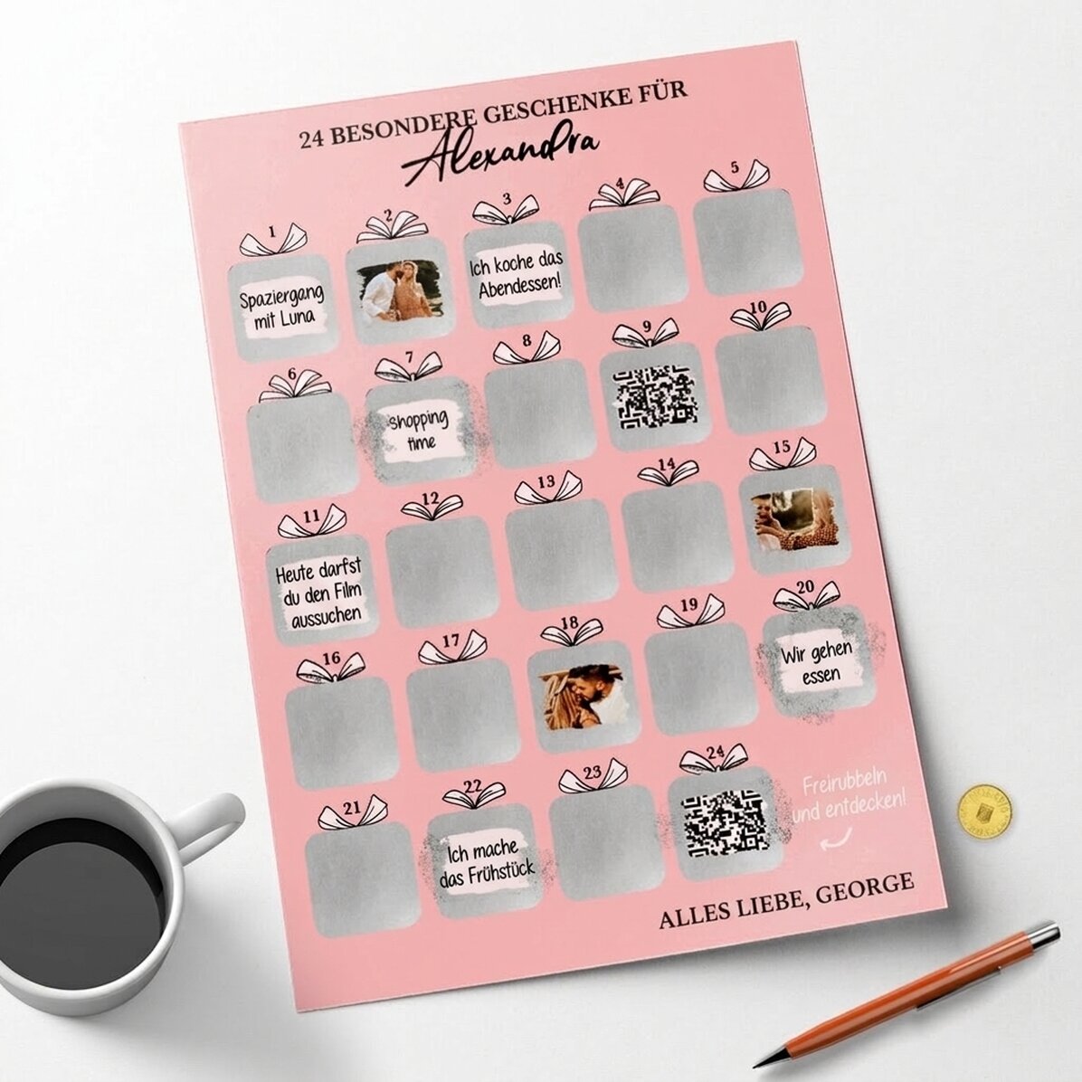 Individuell gestaltbares Rubbel-Adventsplakat mit Fotos, Botschaft und QR-Code