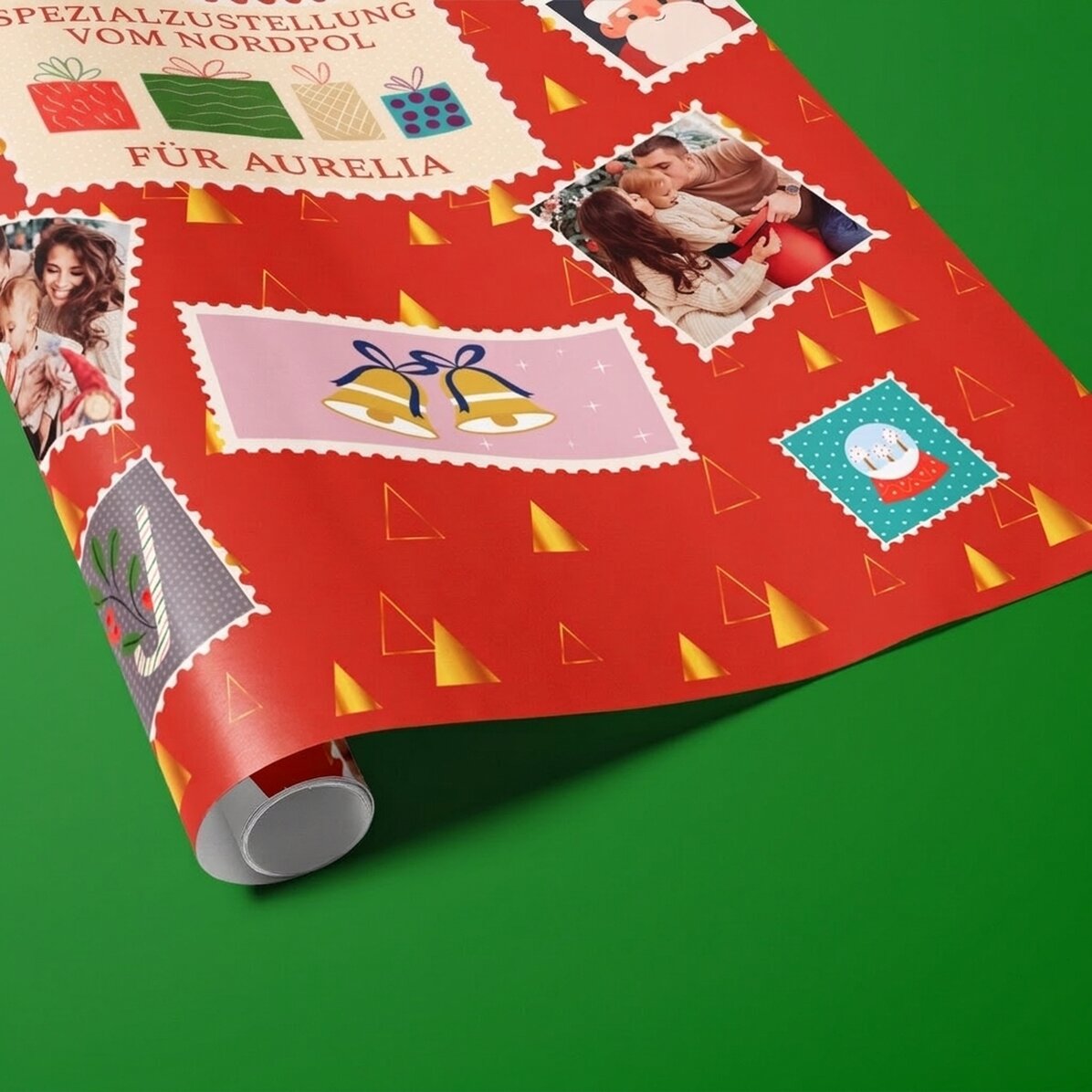 Individuell gestaltetes Geschenkpapier mit 4 Fotos und Text – Weihnachtsbriefmarken