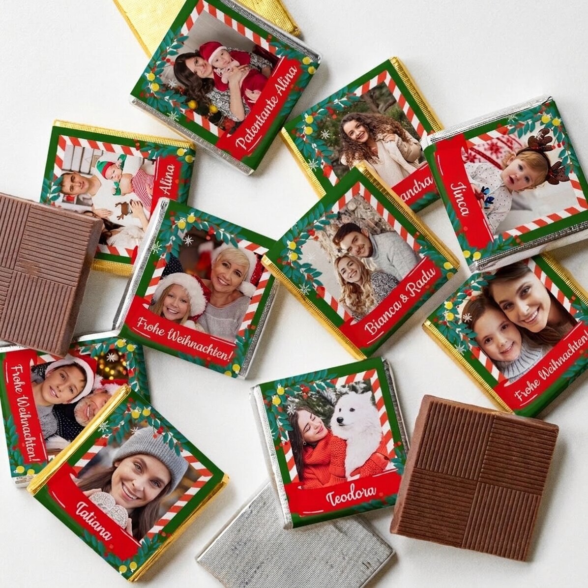 Set mit 10 personalisierten Mini-Pralinen mit Fotos und Namen – Märchenhafte Weihnachten