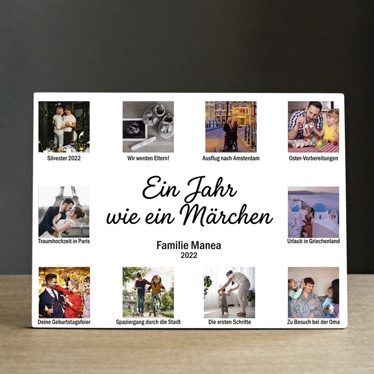 Personalisierter Fotorahmen für den Schreibtisch mit 10 Fotos und Text – Ein Jahr wie eine Geschicht