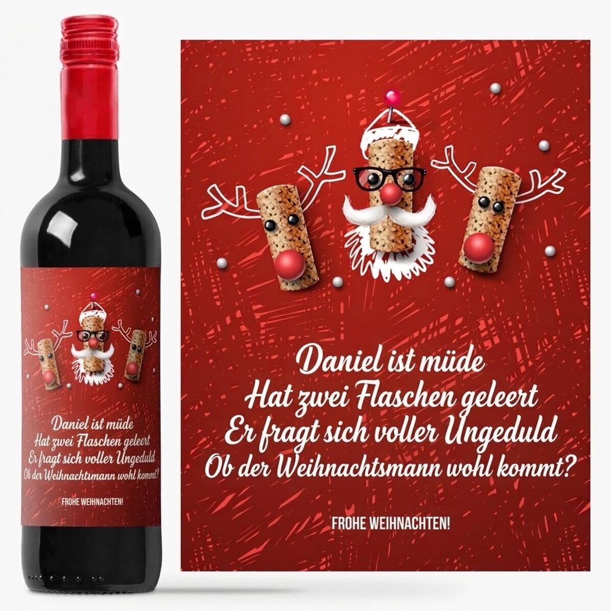 Wein mit persönlicher, lustiger Weihnachtsbotschaft