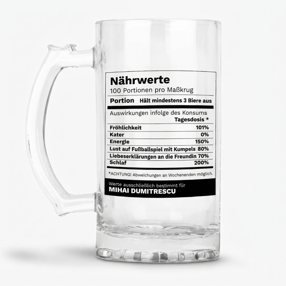 Personalisierter Bierkrug mit Text – Lustige Nährwertangaben