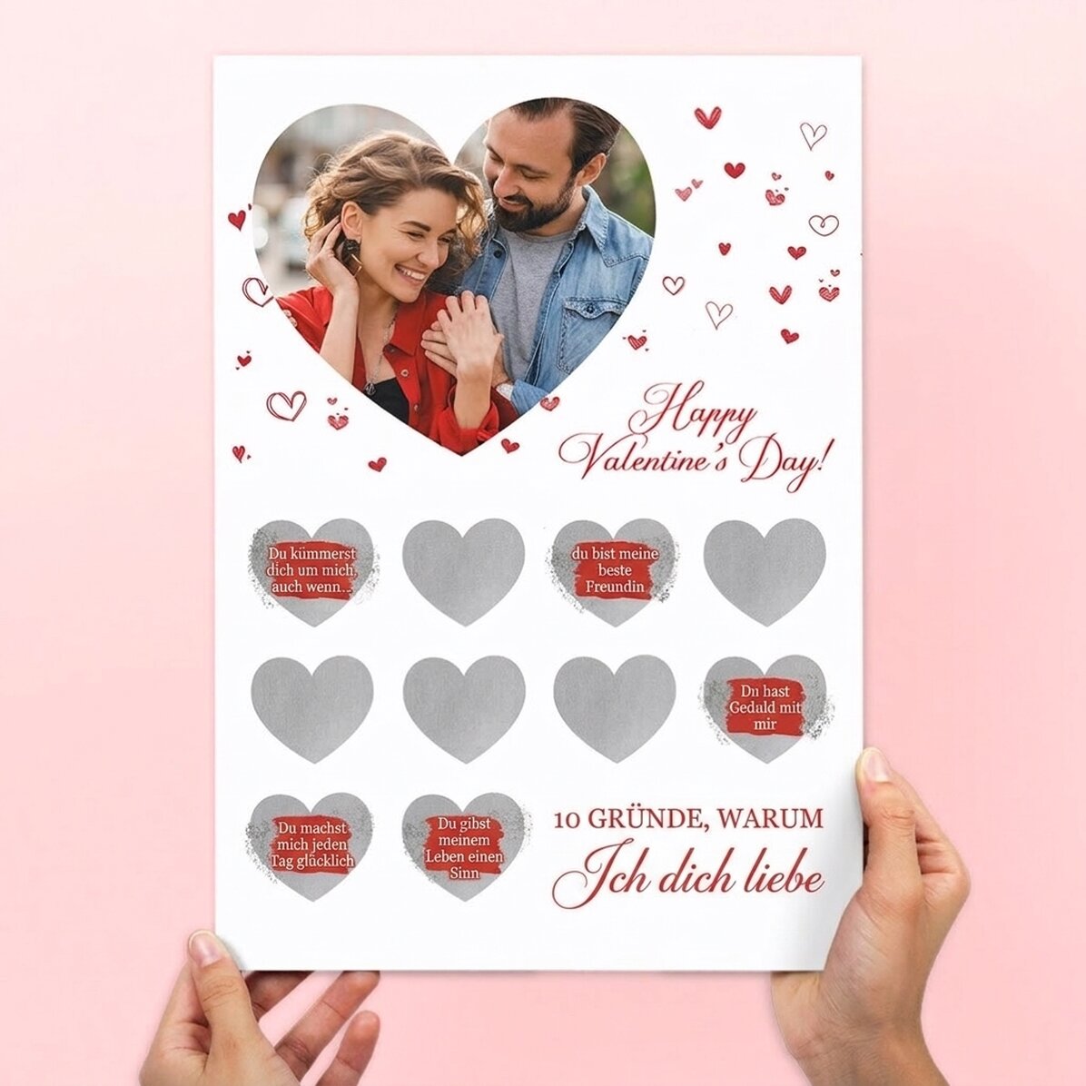 Individuell gestaltetes Rubbelposter mit Foto und Text – 10 Gründe, warum ich dich liebe
