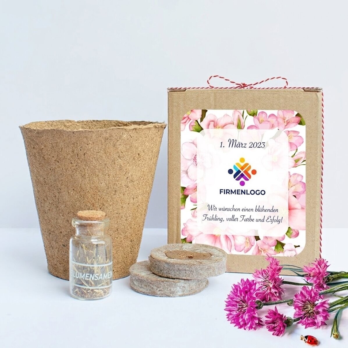 Set zum Pflanzen von Frühlingsblumen in einer personalisierten Schachtel mit Logo und Botschaft
