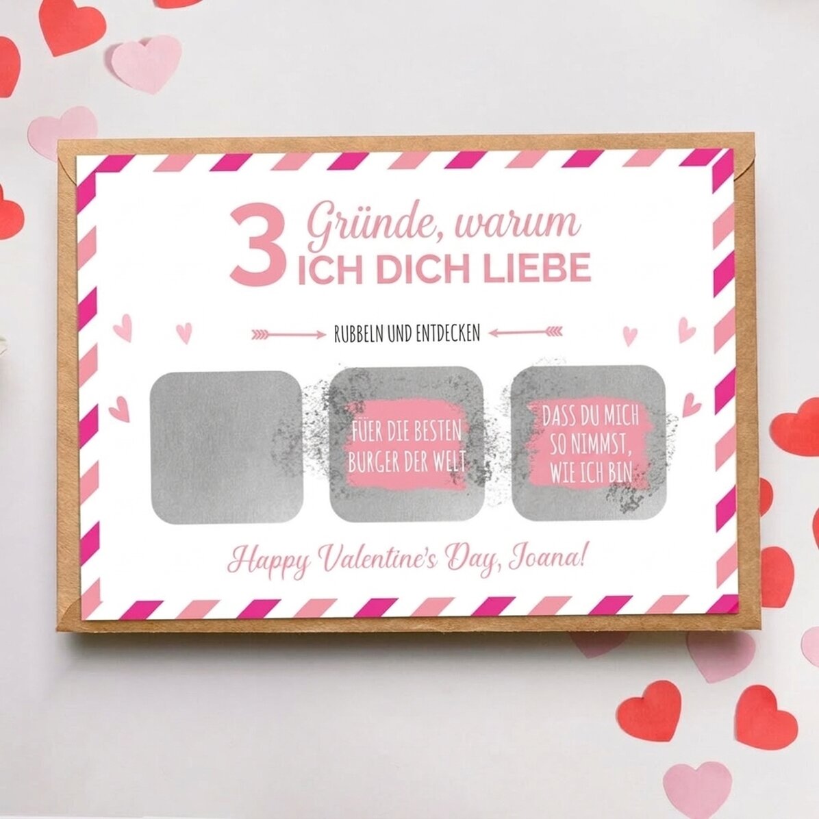 Personalisierte Rubbelkarte mit Botschaft – 3 Gründe, warum ich dich liebe