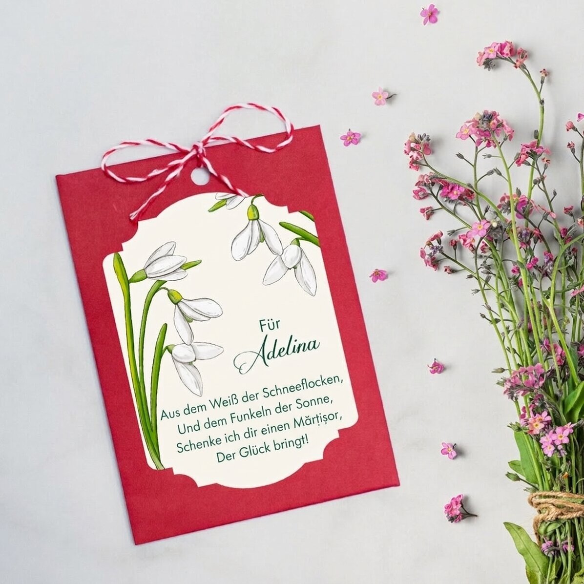 Individuell gestalteter Martisor zum Einpflanzen mit einer Botschaft für Kolleginnen – Schneeglöckch