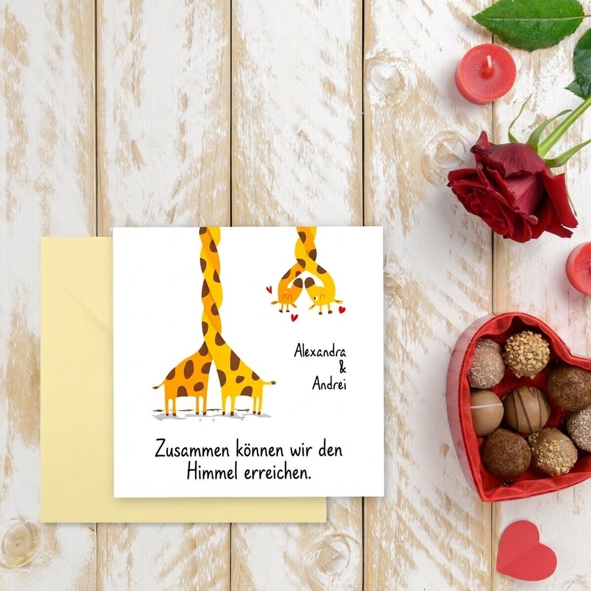 Individuell gestaltete quadratische Karte mit Text – Verliebte Giraffen