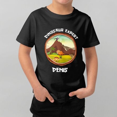 Personalisiertes Baumwoll-T-Shirt für Kinder mit Aufdruck – Dinosaurier-Experte