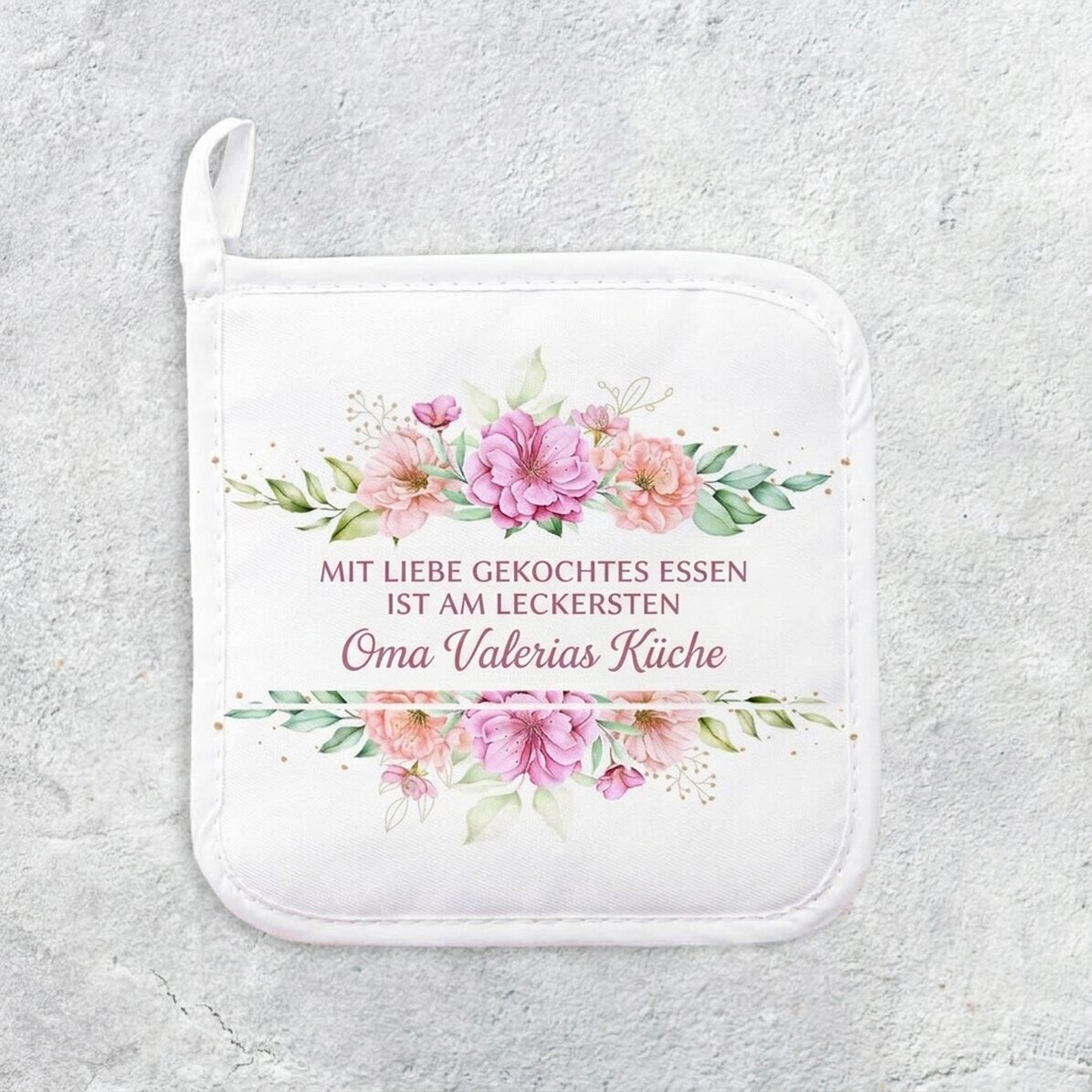 Individuell gestalteter Untersetzer für heiße Töpfe mit Text – Blumenmuster