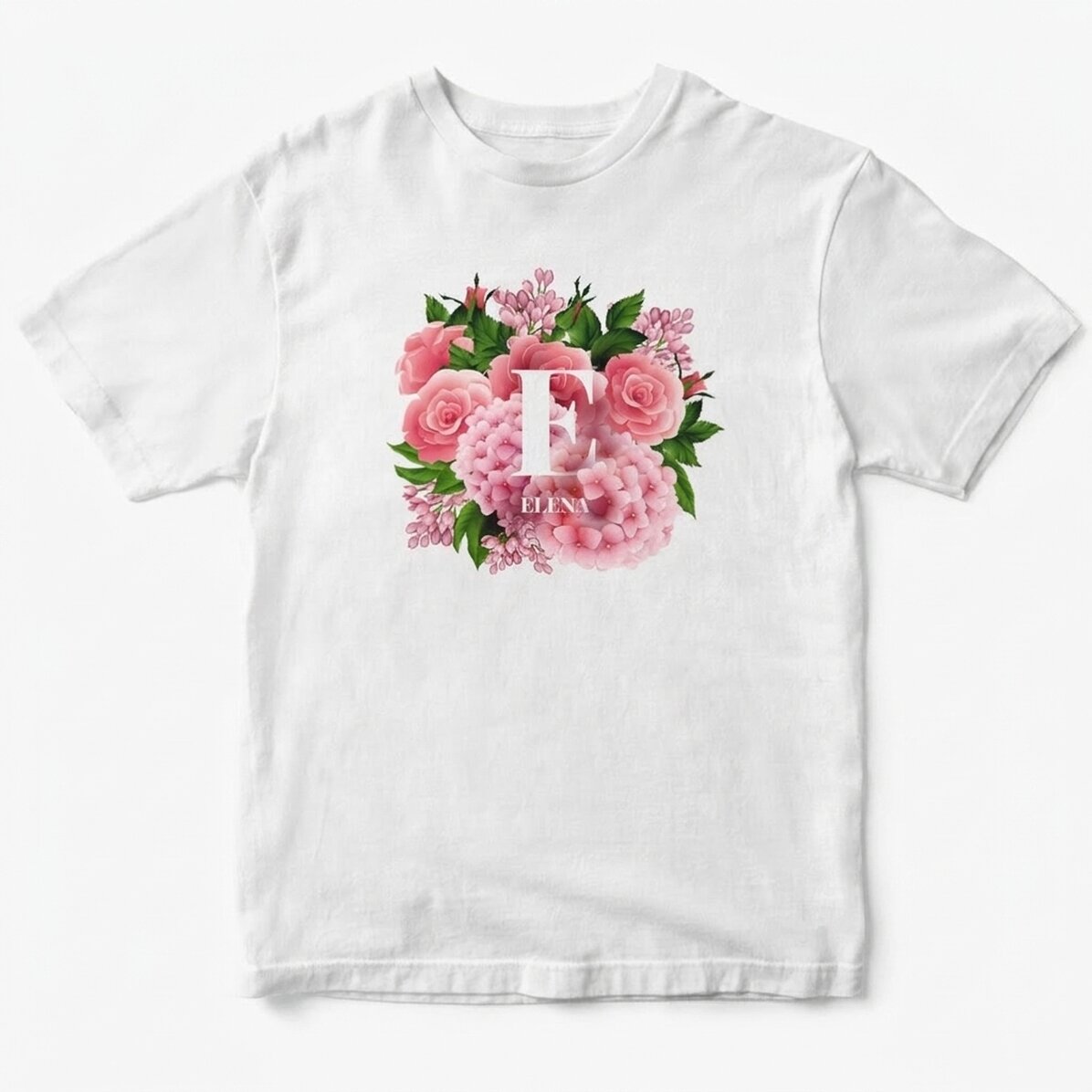 Personalisiertes Baumwoll-T-Shirt mit Initiale und Namen – Frühlingsblumen