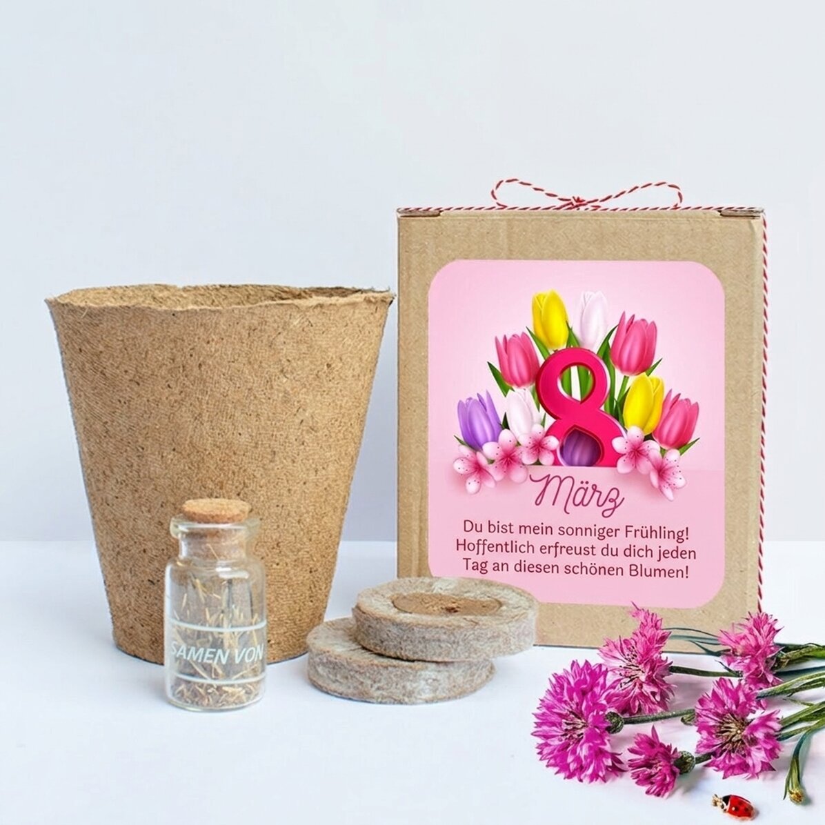 Set zum Pflanzen von Frühlingsblumen in einer personalisierten Schachtel mit einer Botschaft zum 8. 