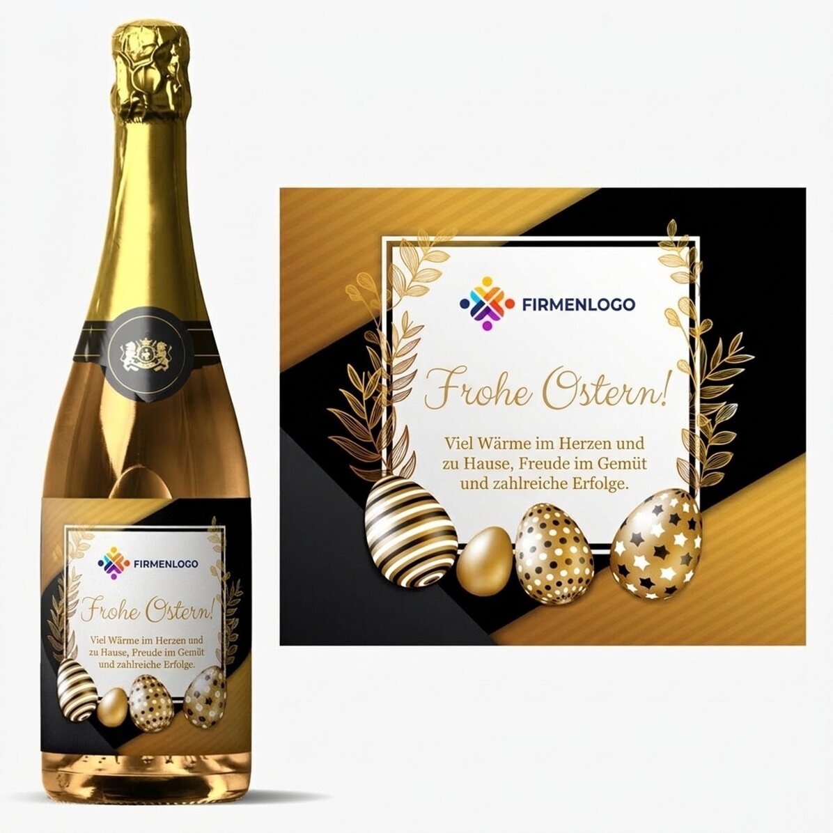 Personalisierter Sekt mit Logo und Botschaft – Frohe Ostern!