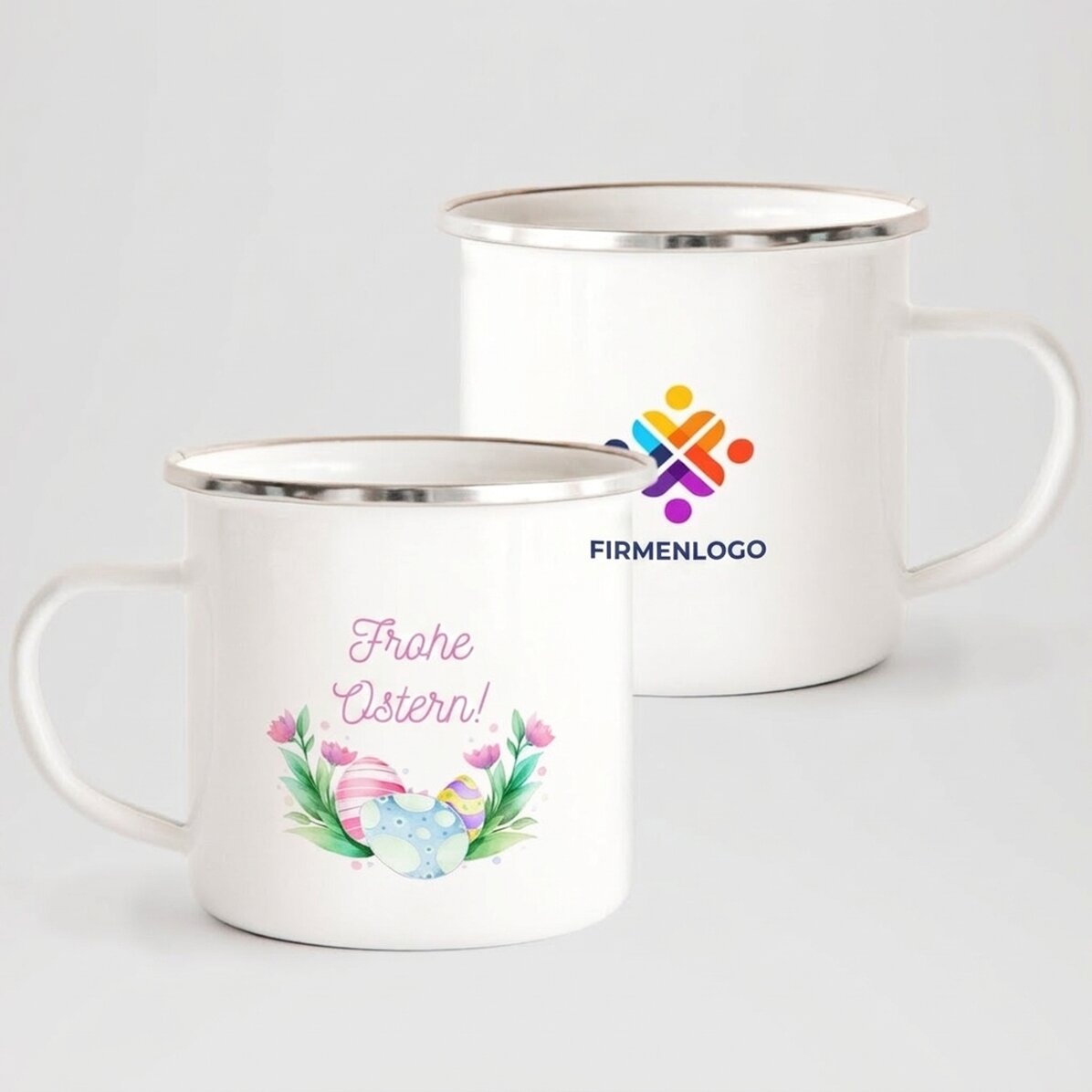 Emaillierter Metallbecher, individuell gestaltet mit Logo und Text – Frohe Ostern!
