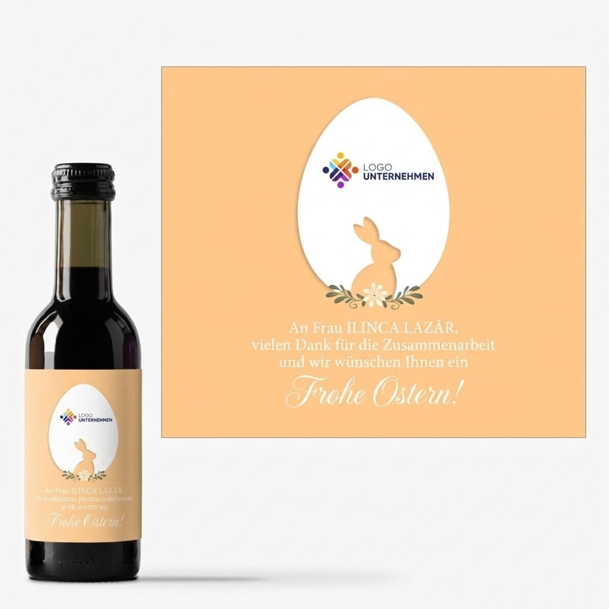 Personalisierte Mini-Weinflasche mit Text und Logo – Frohe Ostern