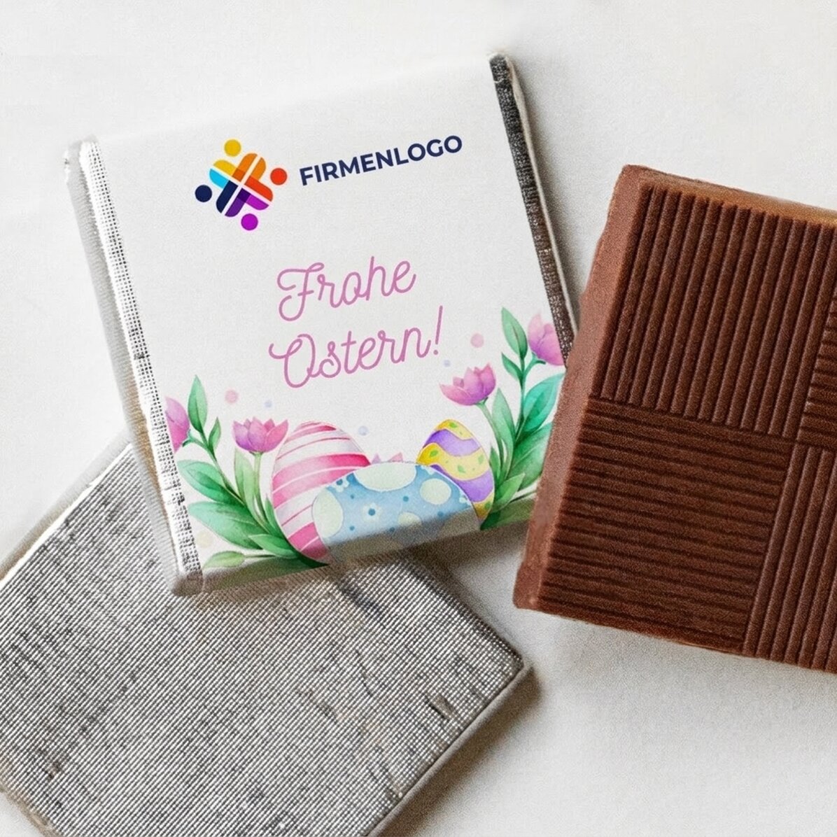 Personalisierte Mini-Schokolade mit Logo und Botschaft – Frohe Ostern!