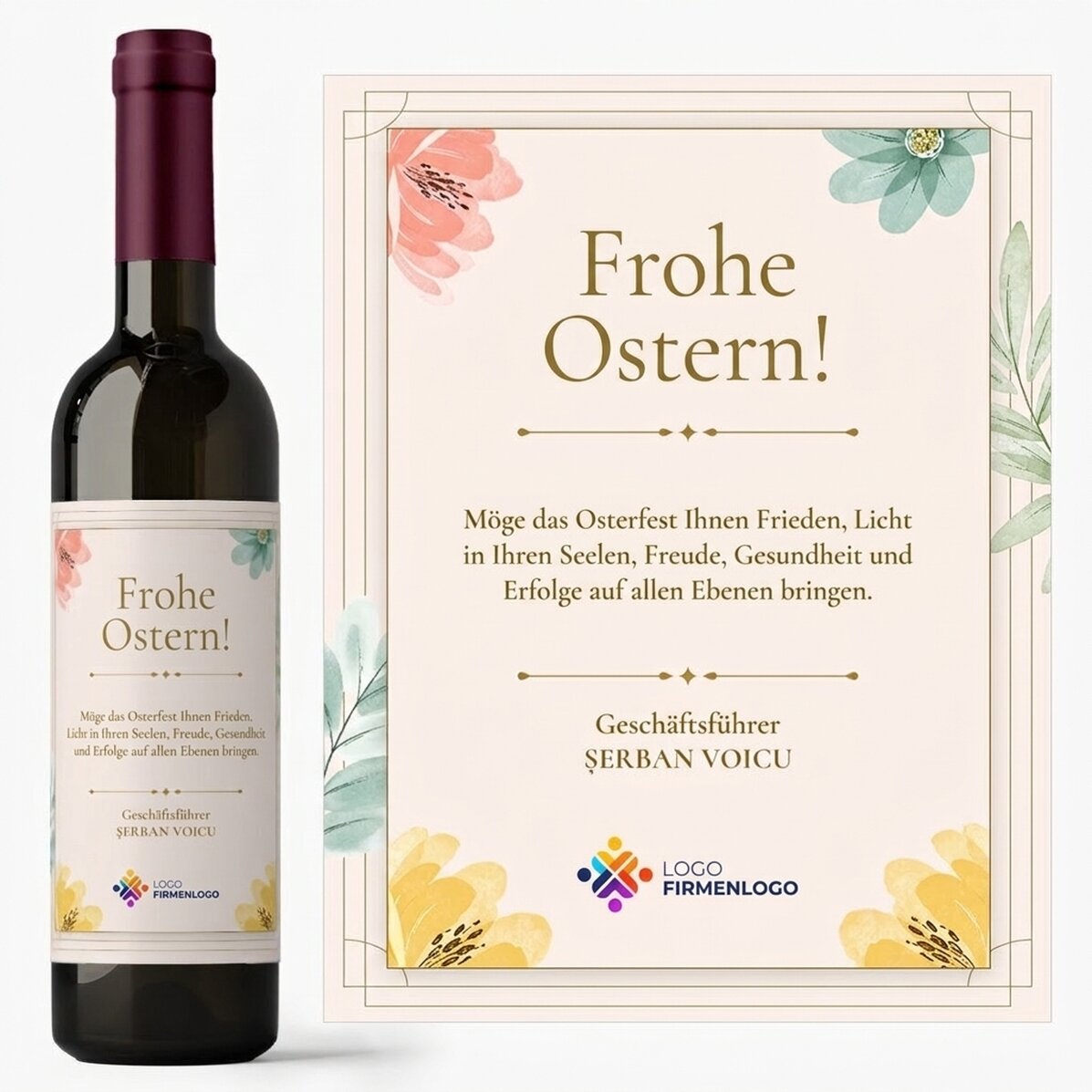 Personalisierter Wein mit Botschaft und Logo – Frohe Ostern!