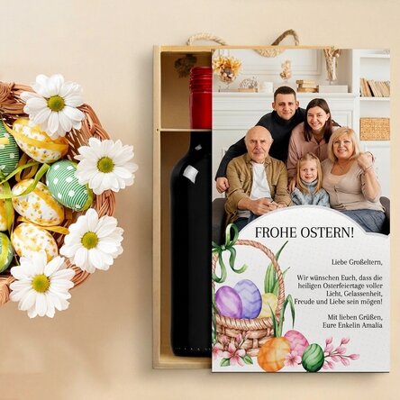 Weinkiste für 2 Flaschen, individuell gestaltet mit einem Foto und einer Osterbotschaft
