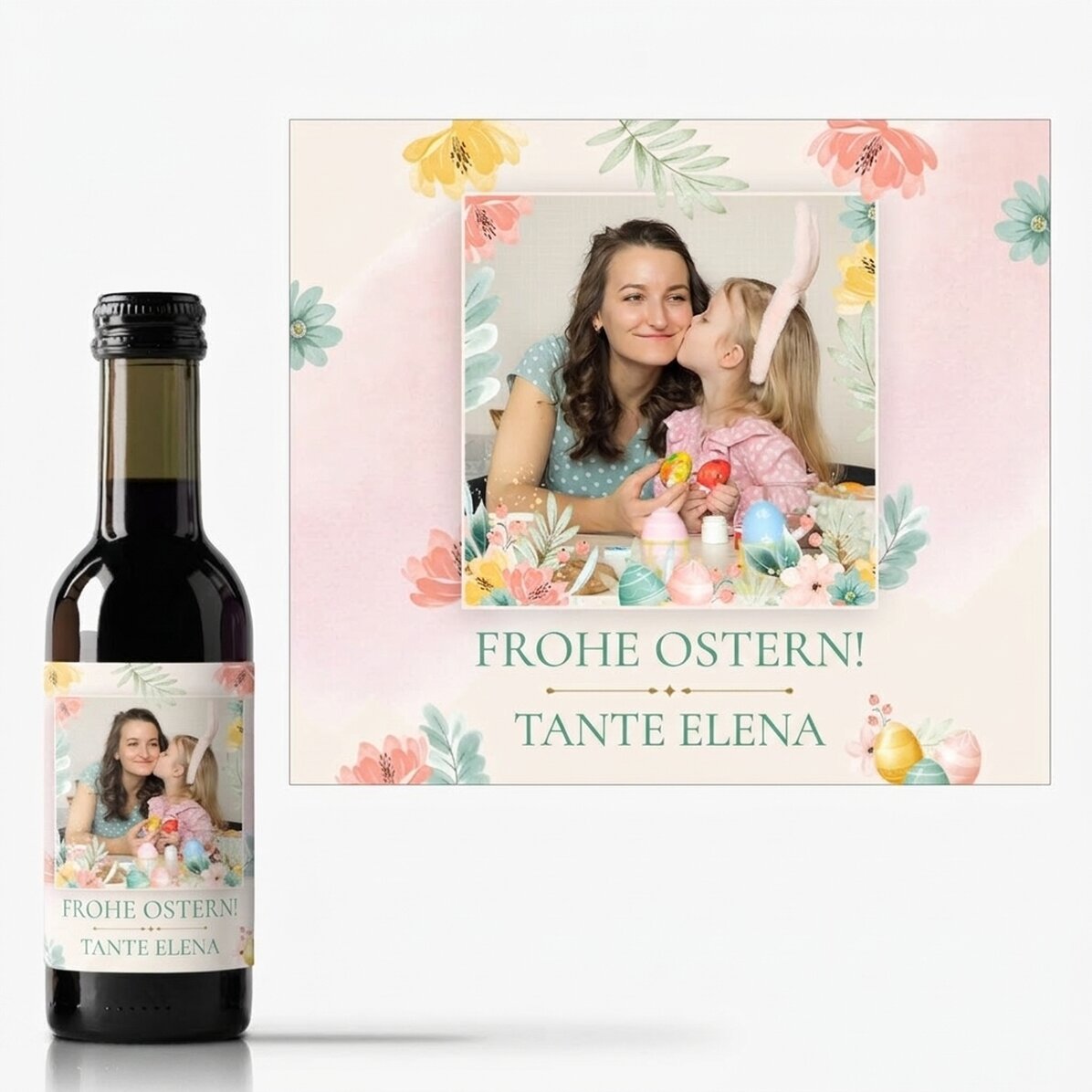 Personalisierte Mini-Weinflasche mit Foto und Text – Frohe Ostern