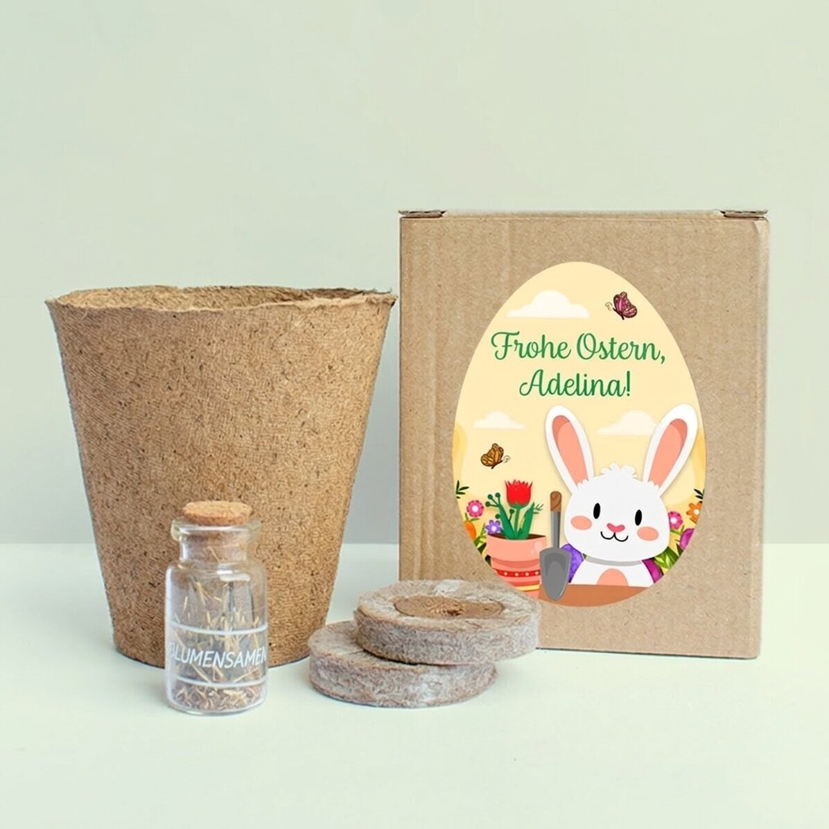 Blumenpflanz-Set in einer personalisierten Schachtel mit Text für Kinder – Ostern