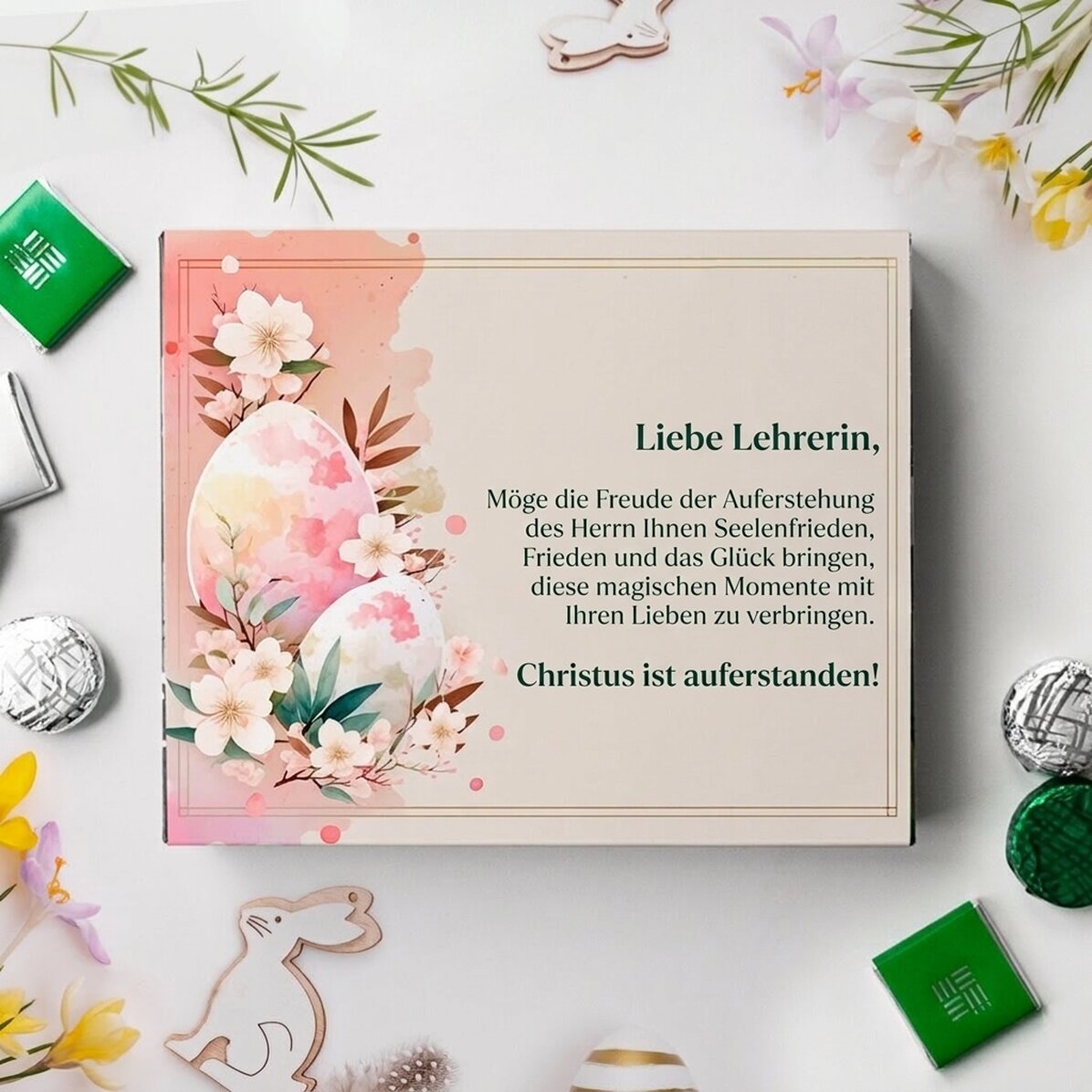 Personalisierte Pralinenschachtel mit einer Botschaft für die Lehrerin – Frohe Ostern!