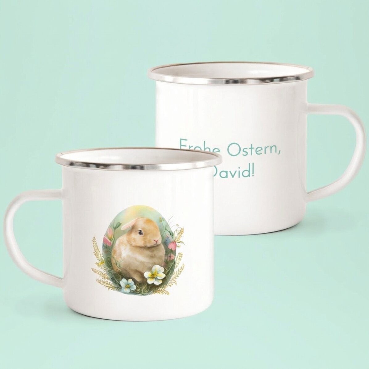 Personalisierter emaillierter Metallbecher mit der Aufschrift „Frohe Ostern!“